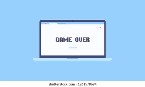 Laptop flat style vector illustration light background with a game over on a screen. Internet gaming.