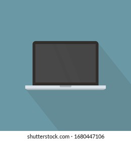 Laptop in flat style. Vector personal computer. Desktop computer with long shadow. Computer icon isolated on color background.