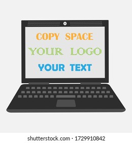 Laptop flat vector illustration with copy space. Сomputer, pc, laptop icon with place for your logo or inscription etc. Good  for advertisement, apps and websites. Isolated on white background. EPS 10