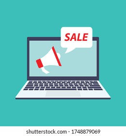 laptop flat vector with megaphone sale symbol	
