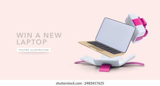 Laptop flies out of the gift box in 3D cartoon style. Vector illustration