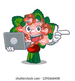 With laptop flower bouquet on wooden cartoon table