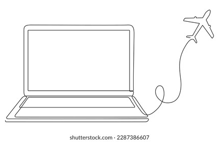 Laptop with flying airplane continuous line drawing. Travel concept. Vector illustration isolated on white.