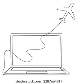 Portátil con dibujo continuo en línea del avión volador. Concepto de viajes. Ilustración vectorial aislada en blanco.
