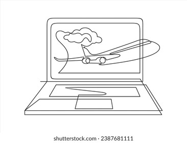 Portátil con dibujo continuo en línea del avión volador. Concepto de viajes. Ilustración vectorial aislada en blanco.	
