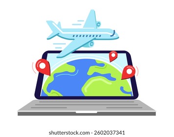 Laptop with flying airplane on screen. Travel and tourism concept. Air transport vector illustration