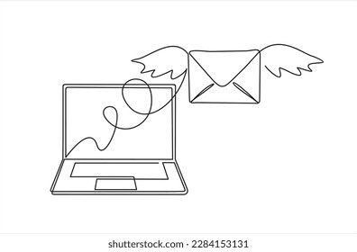 Laptop and Flying envelopes e mail list building illustration continuous one line art illustration. Can used for logo, emblem, slide show and banner. Illustration with quote template. 