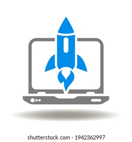 Portátil con icono del vector del cohete volador. Comprometer el símbolo de contenido.