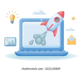 Laptop with Flying space rocket. Successful Business startup or new project concept. 3d Vector illustration.