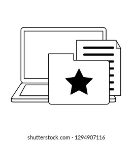 Laptop with folder and documents in black and white