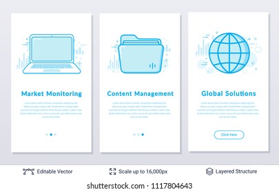 Laptop, folder and globe symbols. Modern styled banners for business topic. Easy to edit vector icons and place for your text.