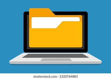 Portátil con icono de carpeta. Administración de archivos, organización de documentos, almacenamiento digital, equipo portátil, icono de carpeta, sincronización de datos. Icono de línea de vector para negocios y publicidad