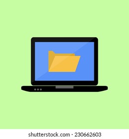 Laptop with folder icon in flat style
