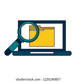 Laptop with folder and magnifying glass