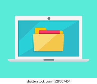 Laptop with a folder on the screen isolated on blue background. Laptop PC Icon in trendy flat style. Computer symbol for your web site design, logo, app. Modern computer equipment silhouette. Vector