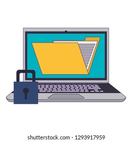 Laptop with folder and padlock blue lines