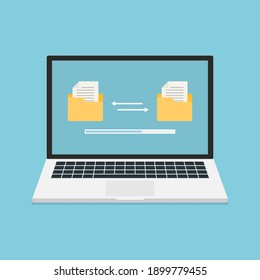 Laptop with folders on screen and transferred documents. Files transfer. Documents management. Copy files, data exchange, backup, uploading process, file sharing or sending documentsr.