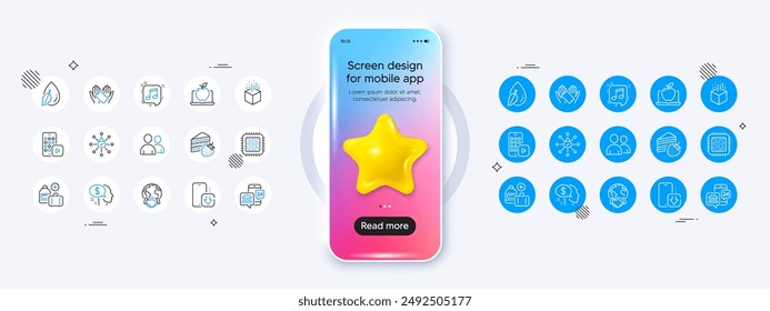 Laptop, Food app and Smartphone holding line icons. Phone mockup with 3d star icon. Pack of Pay, Augmented reality, Users icon. Add handbag, Phone download, Musical note pictogram. Vector