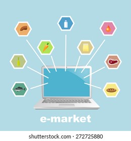Laptop with foodstuff.  Vector illustration for posters, banners and web design