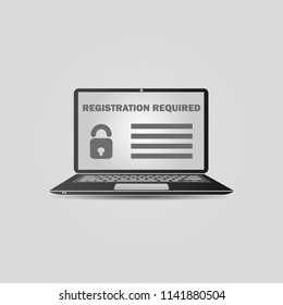 Laptop with a form template registration screen. Realistic open laptop with grey aluminium body. Modern glossy laptop. Vector illustration.