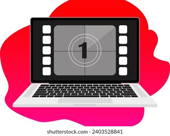 Laptop with frame counts with number 1 on red background line icon. Film, footage, filming, preparation, editing, film, cinema, director. Vector icons for business and advertising