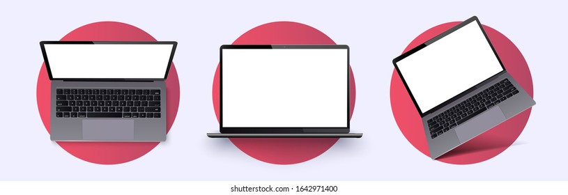 Laptop frame less blank screen. Realistic laptop in different positions, angle. Mockup generic device.  Telephone frame with blank display isolated. Realistic simple isolated 3d vector set. Mobile