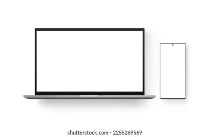 Laptop With Frameless Smartphone With Blank Screens, Isolated on White Background. Vector Illustration