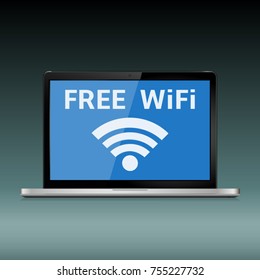 Laptop with free WiFi sign on display