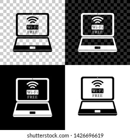 Laptop and free wi-fi wireless connection icon isolated on black, white and transparent background. Wireless technology, wi-fi connection, wireless network, hotspot concepts. Vector Illustration