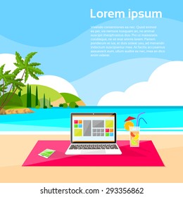 Laptop Freelance Beach Remote Working Place Summer Vacation Holiday Tropical Ocean Island Flat Vector Illustration
