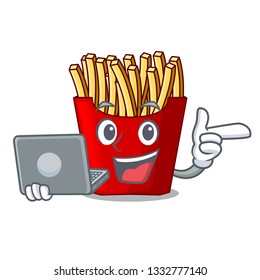 With laptop french fries above cartoon table wood