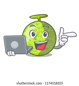 With laptop fresh melon isolated on character cartoon