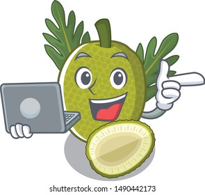 With laptop fried breadfruit served in cartoon bowl