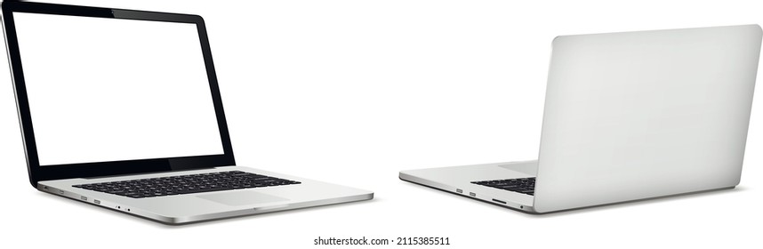 Laptop front and back side mockup isolated on white