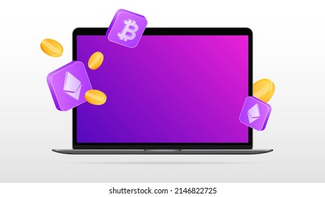 Laptop Front View. Creative Cryptocurrency Mockup. Vector Illustration