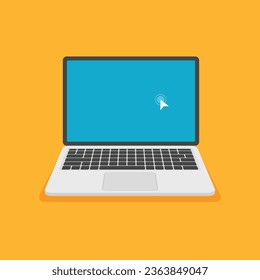 Vista frontal del portátil con cursor en pantalla. Pantalla azul. La computadora se burla. Ilustración vectorial de estilo plano aislada en fondo amarillo.