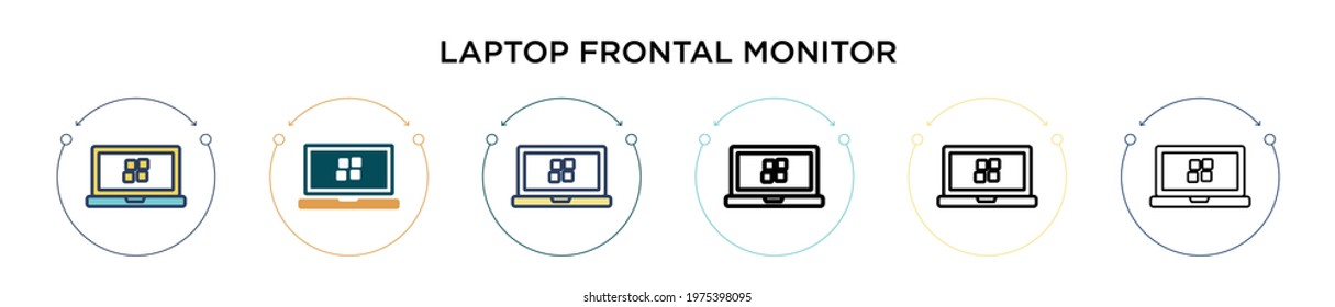 Laptop frontal monitor icon in filled, thin line, outline and stroke style. Vector illustration of two colored and black laptop frontal monitor vector icons designs can be used for mobile, ui, web