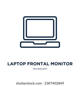 Notebook-Frontmonitor-Symbol aus der Technologiesammlung. Dünner linearer Frontmonitor mit Notebook-Bildschirm, leerer Bildschirm, Umrisssymbol einzeln auf weißem Hintergrund. Frontmonitor-Symbol des tragbaren Zeilenkreises, Symbol für