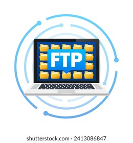 Portátil con interfaz de protocolo de transferencia de archivos FTP que muestra carpetas para conceptos de transferencia de datos y web
