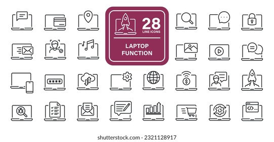 Laptop function, computer or notebook line icons. For website marketing design, logo, app, template, ui, etc. Vector illustration.