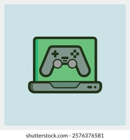 Laptop with a gamepad symbol on the screen icon representing video gaming or entertainment technology