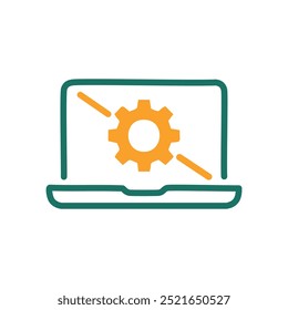Laptop gear icon. Laptop screen with a gear, symbolizing digital setup, online configuration, or system maintenance.