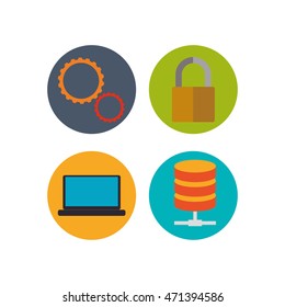 laptop gear padlock web hosting data center security system technology icon set. Colorful and flat design. Vector illustration