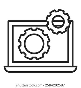 Laptop with a gear symbol on the screen line icon vector isolated. Concept of technical support. Computer settings. Digital interface.