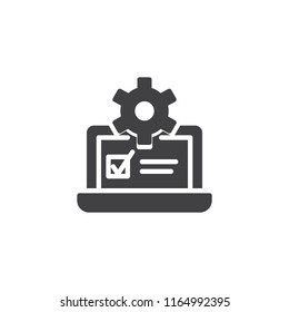 Laptop and gear vector icon. filled flat sign for mobile concept and web design. laptop settings simple solid icon. Symbol, logo illustration. Pixel perfect vector graphics