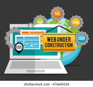 laptop gears barrier planet under construction site web online digital icon set. Colorful and flat design. Vector illustration