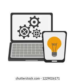 Laptop with gears and big idea light on smartphone