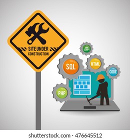 laptop gears constructor tools road sign under construction site web online digital icon set. Colorful and flat design. Vector illustration
