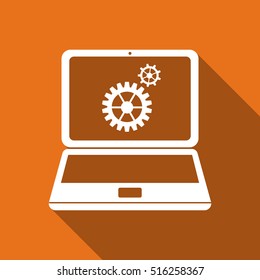 Laptop and gears flat icon with long shadow. Vector Illustration