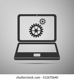 Laptop and gears flat icon on grey background. Vector Illustration